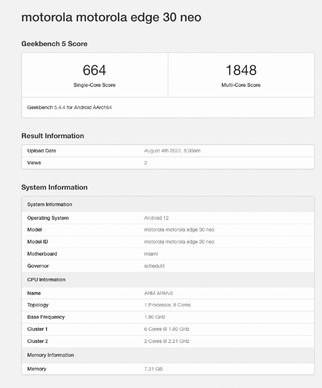 摩托罗拉 Edge 30 Neo 现身 GeekBench