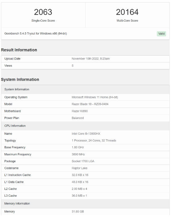 雷蛇 Blade 18 游戏本亮相 Geekbench，配备 24 核 32 线程 5.4GHz 的英特尔 i9-13900HX